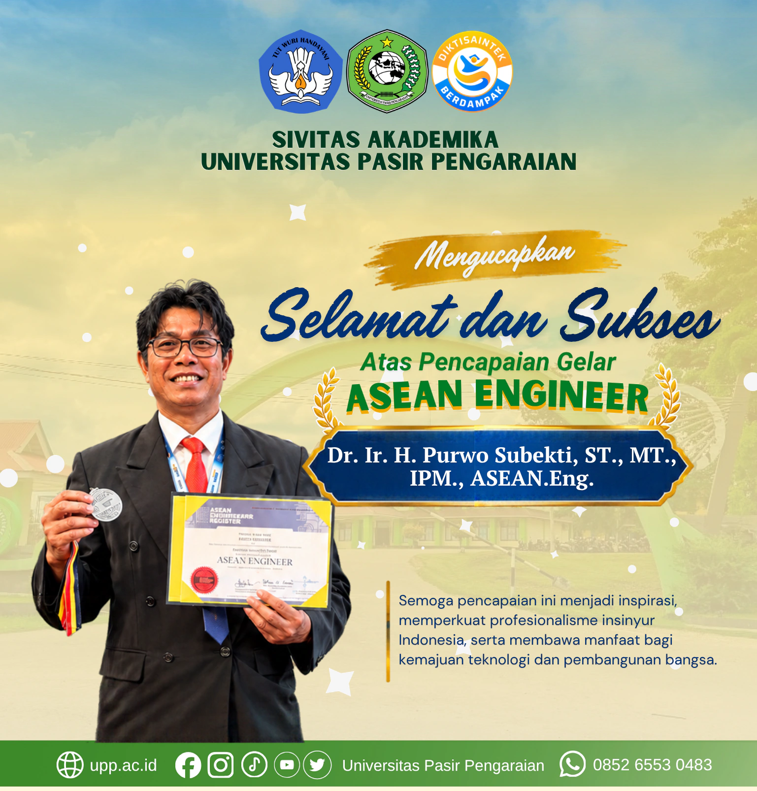 Raih Pengakuan Internasional, Dekan Fakultas Teknik UPP Dr. Ir. H. Purwo Subekti Resmi Sandang Gelar ASEAN Engineer